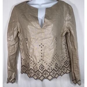 Tory Burch Eyelet 100% Linen Tunic Blouse Latte Cream Sz 6 *Flaw On Back $498